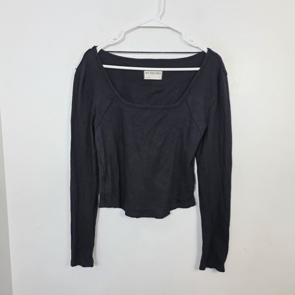We The Free Black Ribbed Long Sleeve Square Neck Fitted Minimalist Shirt Size XL - Picture 2 of 6